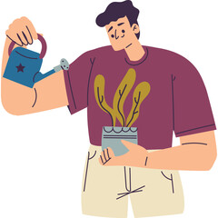 Man with Brown Hair Wearing a Maroon T-Shirt and Light Khaki Shorts Watering a Small Potted Plant with a Blue Watering Can Featuring a Star Emblem on a Transparent Background