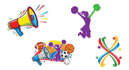 Obraz premium Cheerleading sports equipment and celebratory graphics in a vibrant illustration