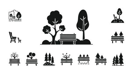 Black and white park icons depicting trees benches and seating areas
