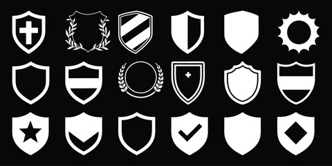 Collection of white shield icons with various symbols and designs on black background