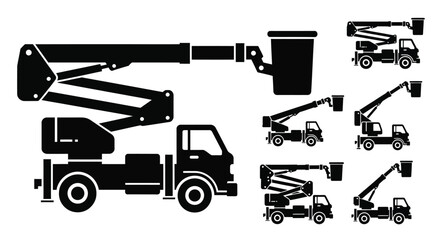 Various black silhouettes of articulated boom lifts and truck chassis © mst
