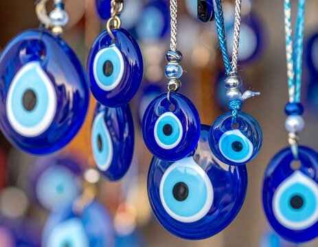 Close-up of multiple blue eye-shaped amulets with white and black details