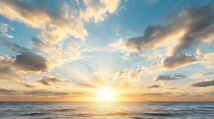 Obraz premium Breathtaking sunrise over ocean, with rays of light piercing through pastel clouds