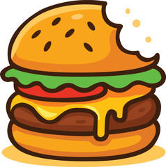A delicious and fun cartoon-style cheeseburger illustration with melted cheese, lettuce, and tomato. Perfect for food branding, restaurant logos, T-shirt designs, stickers, and digital art projects.