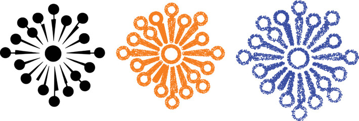 Three abstract starburst or snowflake-like icons in black, orange, and blue