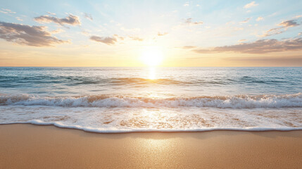 Obraz premium Sunrise over ocean waves creates serene atmosphere with golden reflections on water