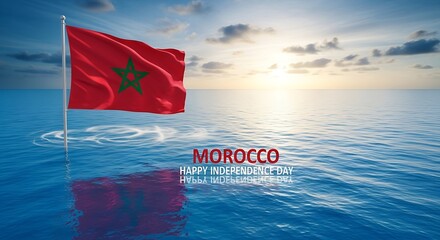 Morocco Independence Day: Flag Waving Over Calm Ocean at Sunrise, Reflection