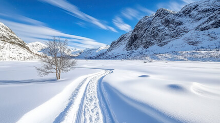 Fototapeta premium Snowy landscape, winter scenery, mountains, blue sky, tree, serene atmosphere, nature beauty