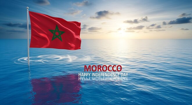 Morocco Independence Day: Flag Waving Over Calm Ocean at Sunrise, Reflection