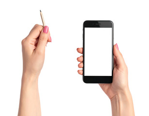 Woman's hands holding a phone and a stylus, blank display, pink nails on a black background