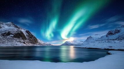 Fototapeta premium Majestic aurora borealis illuminating snowy mountains and calm water at night