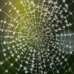 Obraz premium Macro detail of an intricate spider's web bejeweled with shimmering morning dew droplets against a soft green bokeh background