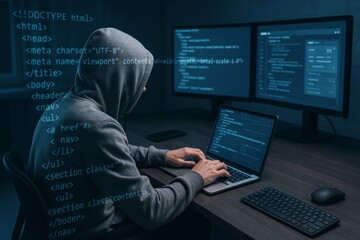 Hacker in hoodie coding on laptop in dark room with digital code overlay, dual monitors on desk, cybersecurity and hacking concept at night setup. Ai generative