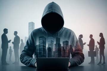 Anonymous hacker in hoodie using laptop with cityscape overlay surrounded by blurred business silhouettes on gradient background. Ai generative. Ai generative