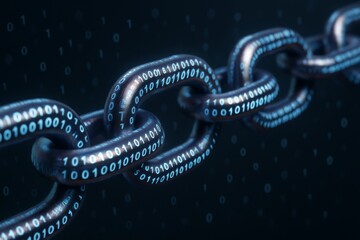 Binary code chain links symbolizing digital security and blockchain technology concept on dark background with glowing blue data effect. Ai generative