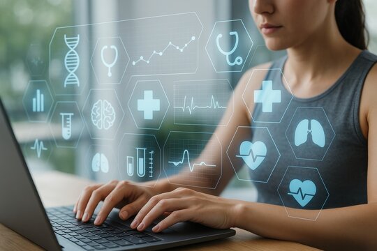 Woman using laptop with futuristic medical interface and health data icons in digital hexagons, technology concept in healthcare innovation field. Ai generative