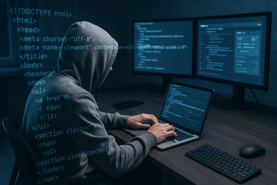 Hacker in hoodie coding on laptop in dark room with digital code overlay, dual monitors on desk, cybersecurity and hacking concept at night setup. Ai generative