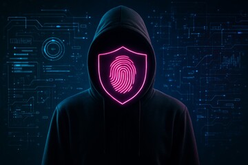 Cybersecurity concept with hooded figure and neon fingerprint shield symbol on digital interface background in dark theme. Ai generative. Ai generative
