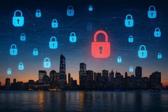 Cybersecurity technology concept with digital padlocks over city skyline at night symbolizing data protection and network security systems interface. Ai generative
