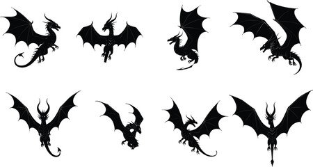 Fantasy dragon silhouettes in dynamic flying, roaring, and attacking poses with wings, horns, and tails for mythical creature vector illustration.
