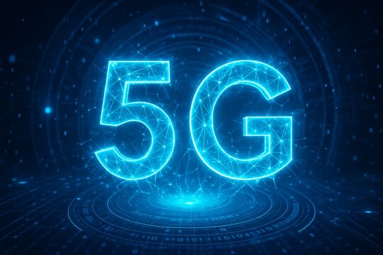 Futuristic glowing 5G network concept in digital cyberspace with data lines and technology grid on dark blue background representing connectivity. Ai generative