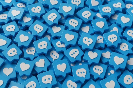 Blue social media icons with hearts, chat bubbles, and notifications stacked in a digital 3D style on a seamless background. Technology concept. Ai generative