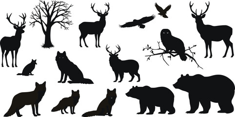 Forest animal silhouettes including deer, wolves, bears, foxes, birds, owl, cat, and tree, perfect for nature design and education. © Asha Moni