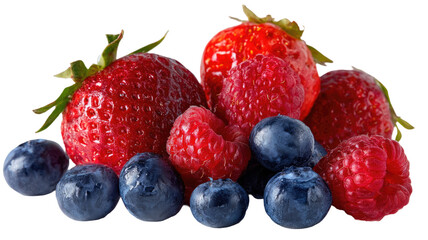 Obraz premium Fresh, ripe strawberries and blueberries are scattered across a white background, showcasing a healthy, sweet, and juicy summer berry mix