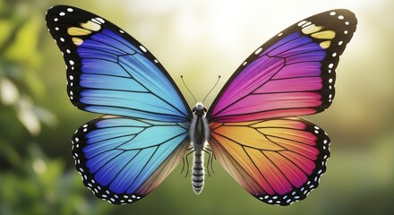 Vibrant Butterfly with Dual-Tone Gradient Wings: Blue-Purple & Pink- Hues, Detailed Macro Shot Against a Soft, Blurry Natural Background with Green Foliage and Golden Sunlight