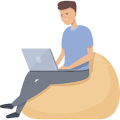 Man Working On Laptop While Sitting On Bean Bag Chair In A Casual Setting With A Neutral Background