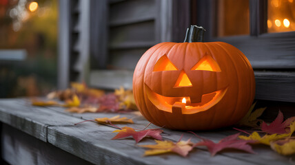 A carved halloween pumpkin with a warm, inviting glow sits on a rustic wooden ledge, adorned with colorful fallen autumn leaves, creating a festive and cozy atmosphere