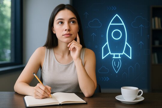 Thoughtful young woman writing in notebook with futuristic rocket launch hologram symbolizing innovation, startup ideas, and technology concept. Ai generative