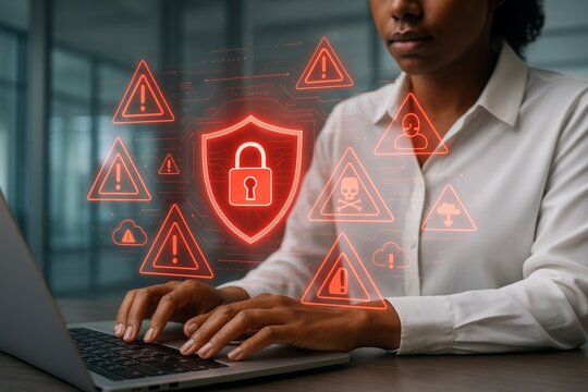 Woman working on laptop with cybersecurity warning symbols and digital lock concept overlay in modern office environment, symbolizing data protection threat detection. Ai generative