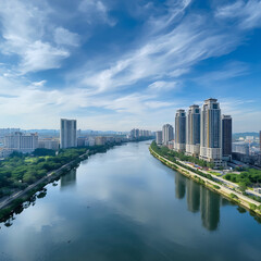 Naklejka premium The view from Suizhou City, Hubei Province, China, features a large river flowing through the urban landscape, with tall buildings lining the banks under a cloudy blue sky.
