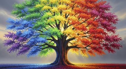 Vibrant Rainbow Tree Painting with Colorful Foliage and Leaves on the Ground Under a Serene Sky, Embodying Harmony and Whimsy