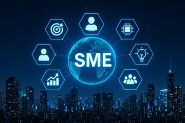 SME digital transformation concept with glowing technology icons and global network over modern city skyline at night. Ai generative