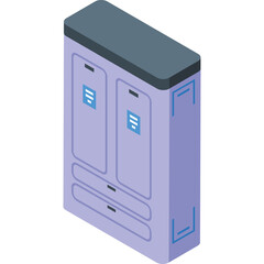 Isometric illustration of a purple server rack with blue icons on a transparent background in a digital data center environment