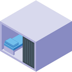 Isometric Illustration Of A Simple Prison Cell With A Bed And A Bars Door In A Light Purple And Blue Color Palette Isolated On A White Background