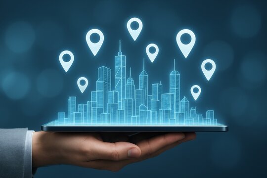 Futuristic digital city skyline with location pins floating above tablet in hand, symbolizing smart city navigation and location tracking technology concept. Ai generative - Powered by Adobe