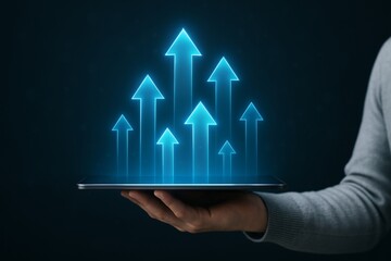 Glowing upward arrows emerging from tablet screen symbolizing digital growth and futuristic technology concept on dark background with hand holding device. Ai generative
