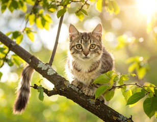Adorable tabby cat perched on a tree branch, illuminated by sunlight