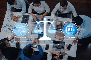Aerial view of a dynamic business meeting focused on artificial intelligence and law, featuring digital visuals that represent balance and innovative discussions among professionals. Trope