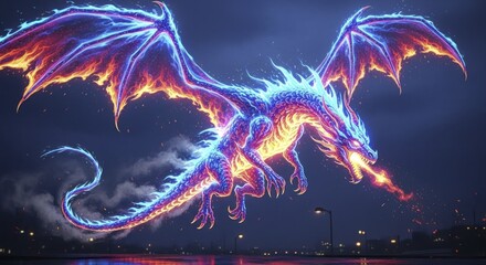 Vibrant Fire and Ice Dragon Soaring Through a Neon City Night Sky, Breathing Luminous Flames Above Reflective Urban Waters