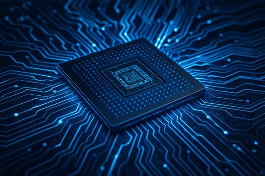 Close-up of futuristic microchip on glowing motherboard illustrating technology and digital data processing concept in modern electronics system. Ai generative