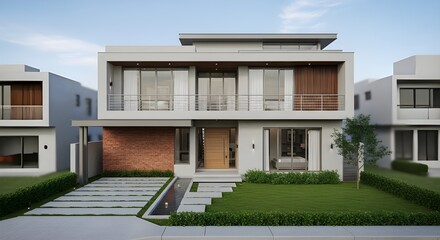 Modern luxury two-story house exterior architecture design in suburban residential neighborhood.