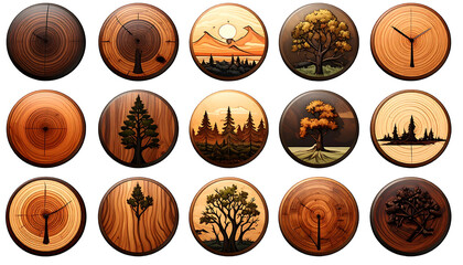Wood slices, each showing a different design inside (trees, sunset, time). Circular shape, brown tones, against a black background