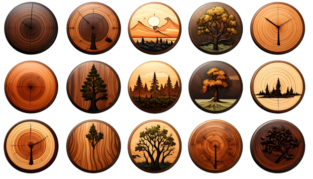 Wood slices, each showing a different design inside (trees, sunset, time). Circular shape, brown tones, against a black background