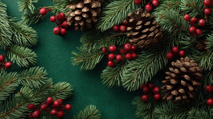 Fototapeta premium A green Christmas background with pine cones and red berries on the branches