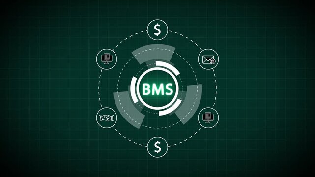 Futuristic digital interface with BMS acronym and icons on a dark green grid background Keywords: BMS, building management system, digital, interface, technology, futuristic, network, data