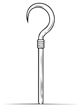 Black and white line art illustration of a shepherds crook shaped like a question mark